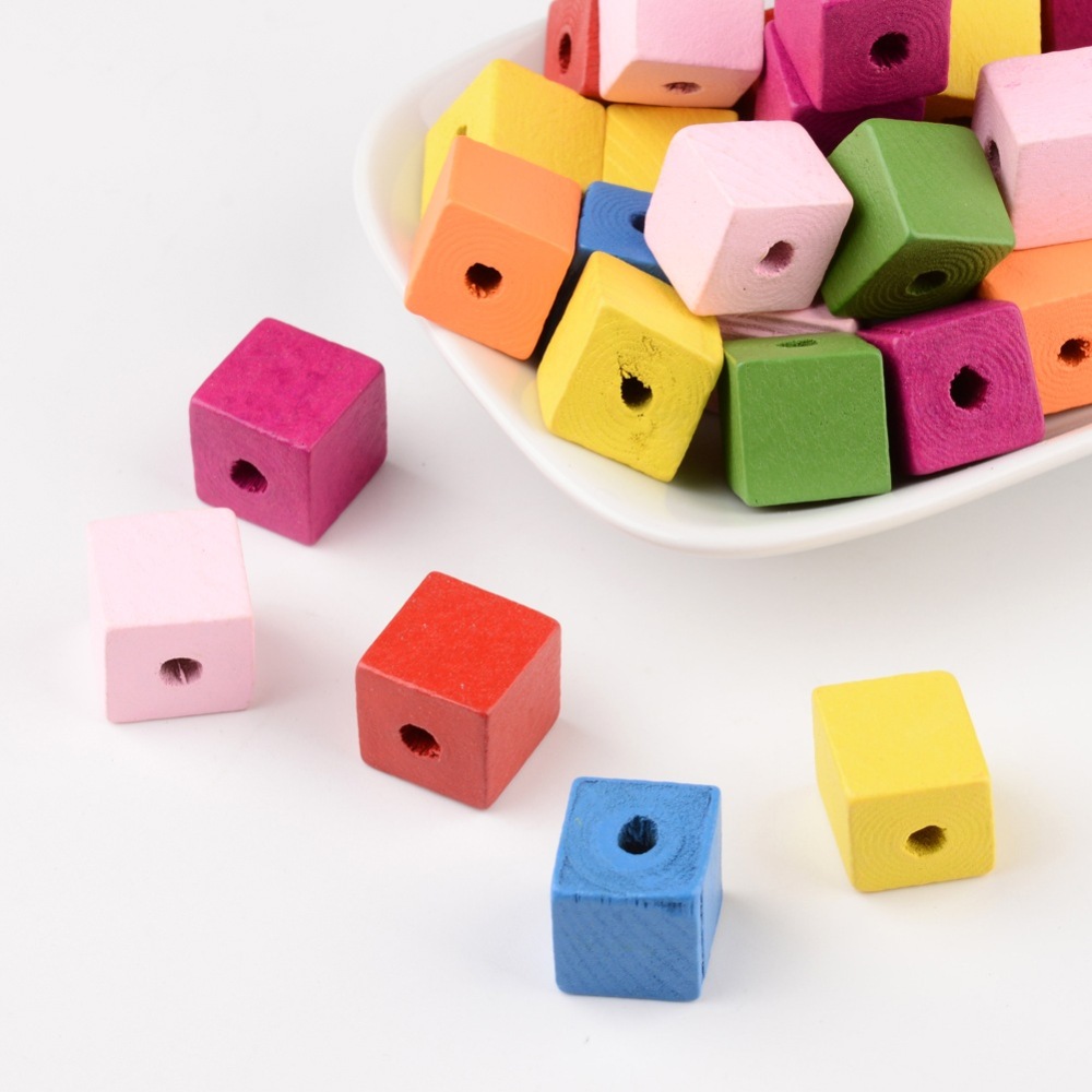 PandaHall 14MM Mixed Color Cube Wood Beads, Lead Free, Dyed, about 14mm long, 14mm wide, 14mm thick,hole: 5mm Wood Cube Multicolor