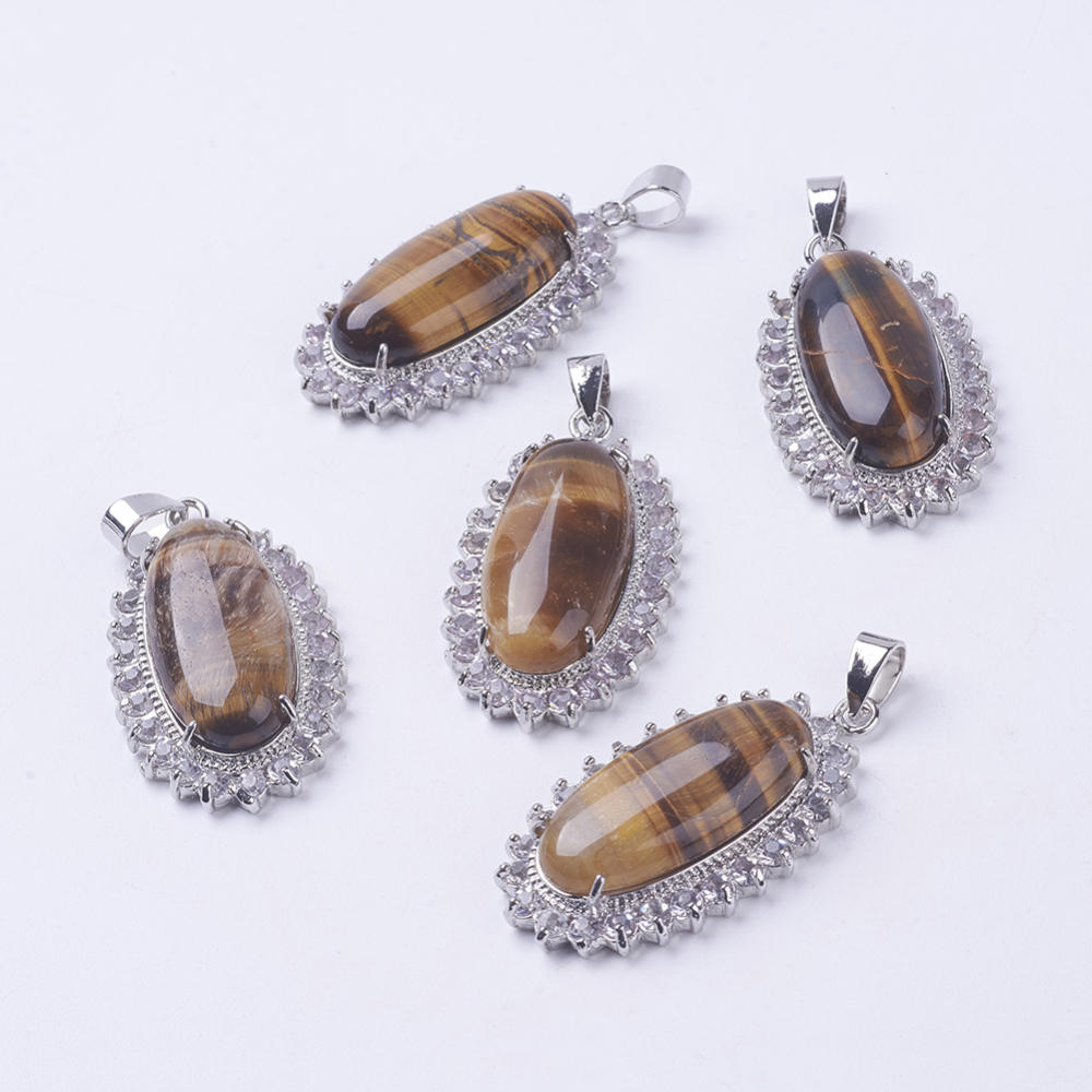 PandaHall Natural Tiger Eye Pendants, with Rhinestone and Brass Findings, Oval, Platinum, 41x22.5~23x9~10mm, Hole: 4x7mm Tiger Eye Oval