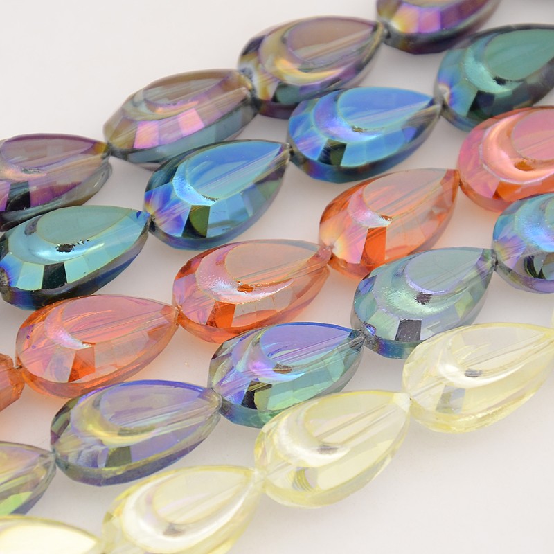 PandaHall Drop Electroplate Rainbow Plated Glass Beads Strands, Faceted, Mixed Color, 20x12x9mm, Hole: 1mm; about 35pcs/strand, 27.5" Drop...