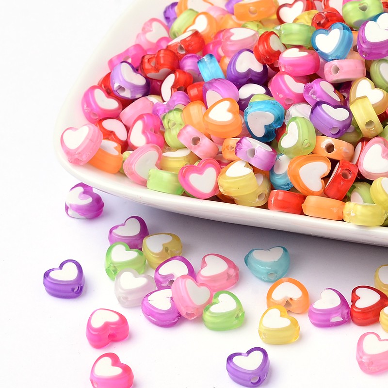 PandaHall Transparent Heart Acrylic Beads, Bead in Bead, Mixed Color, 7x8x4mm, Hole: 2mm; about 2400pcs/500g Acrylic Heart Multicolor