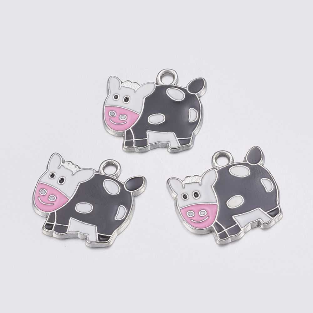 PandaHall Alloy Enamel Charms, Moggy, Colorful, Platinum, about 24mm long, 22mm wide, 2mm thick, hole: 3mm Alloy+Enamel Cattle