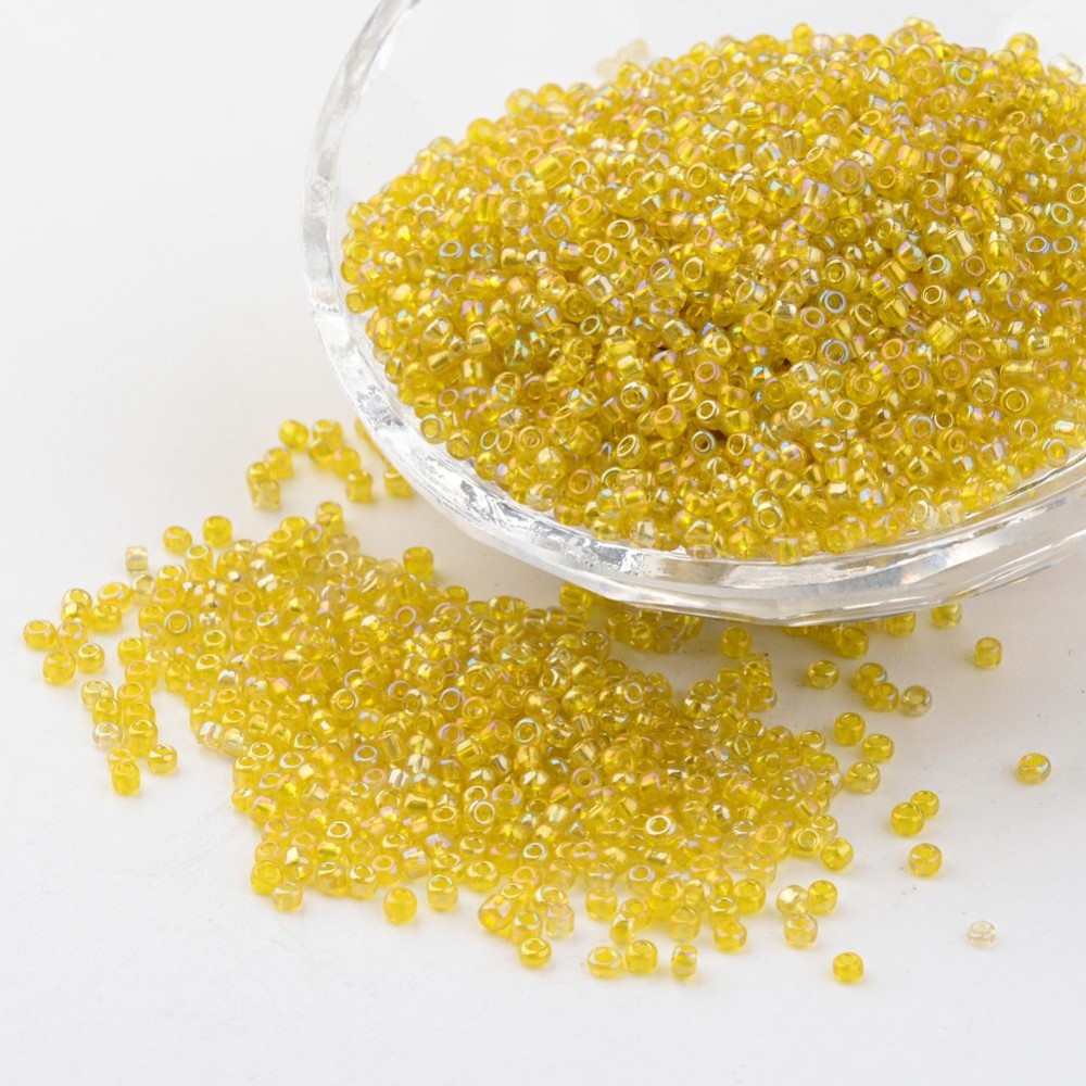 PandaHall Round Trans. Colors Rainbow Glass Seed Beads, Yellow, Size: about 2mm in diameter, hole:1mm; about 3306pcs/50g Glass Yellow