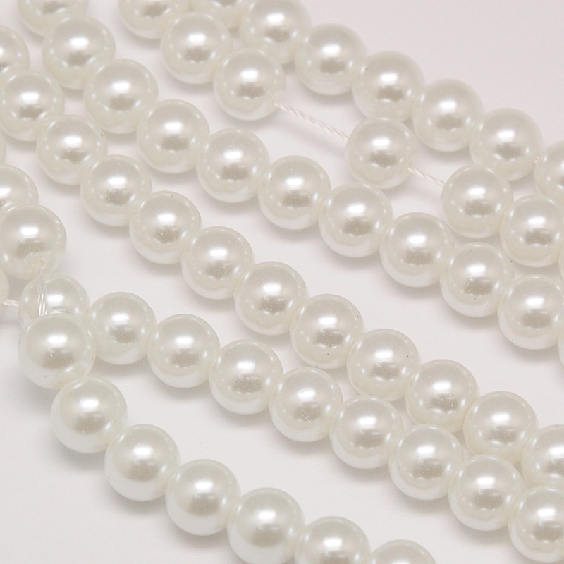 PandaHall Environmental Dyed Glass Pearl Round Bead Strands, Cotton Cord Threaded, White, 6mm, Hole: 0.7~1.1mm; about 72pcs/strand, 15"...