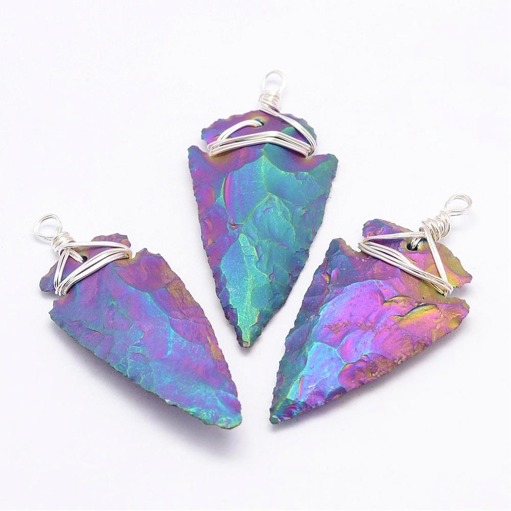 PandaHall Electroplated Quartz Crystal Big Pendants, with Brass Finding, Arrowhead, Platinum, Multi-color Plated, 52~72x23~30x6~12mm, Hole...