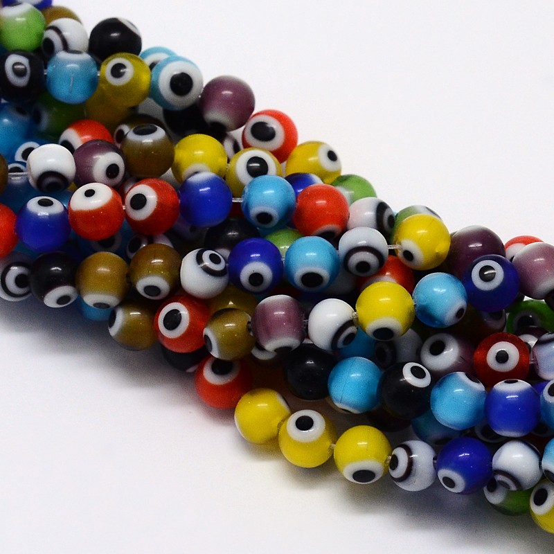 PandaHall Handmade Evil Eye Lampwork Round Bead Strands, Mixed Color, 6mm, Hole: 1mm; about 65pcs/strand, 14.17" Lampwork Round Multicolor