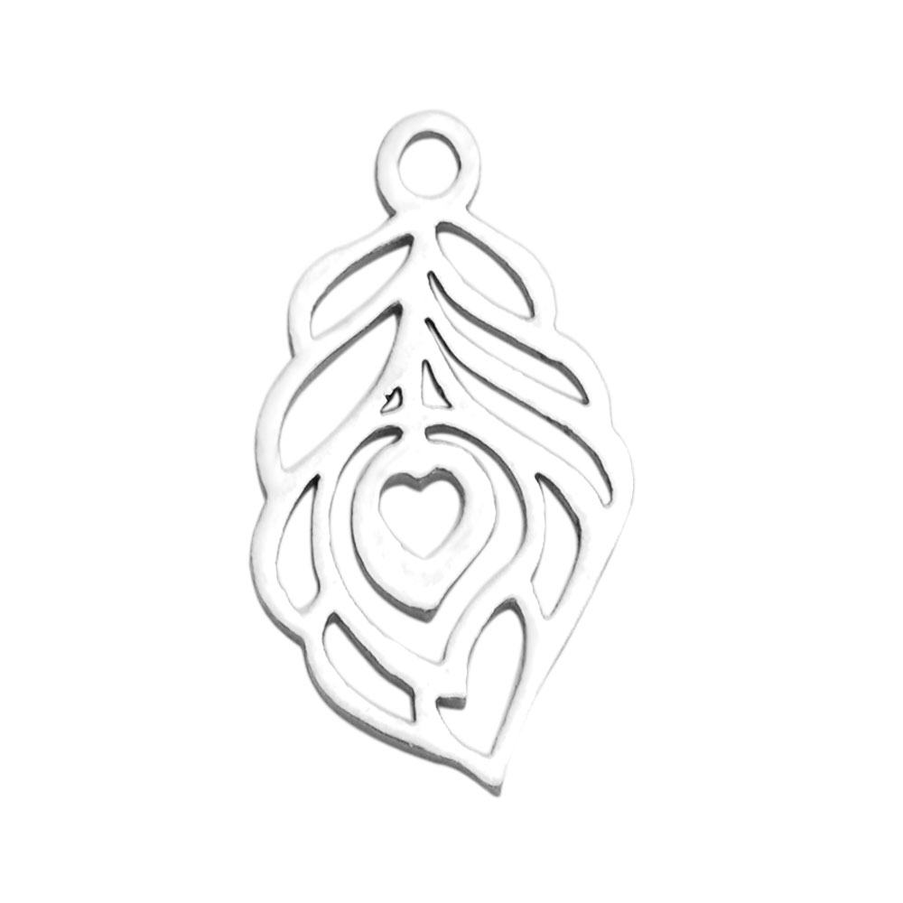 PandaHall 304 Stainless Steel Pendants, Feather, Stainless Steel Color, 17.7x10.4x1mm, Hole: 1.5mm Stainless Steel Feather