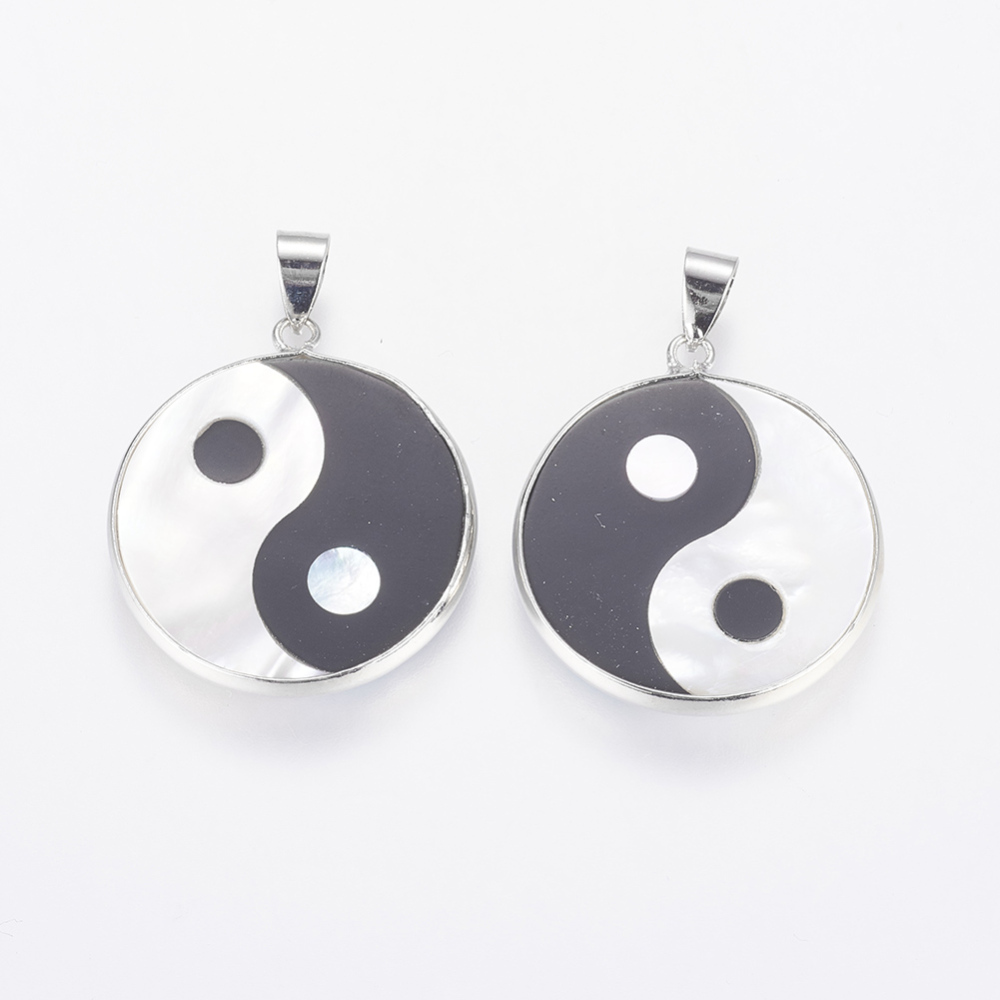 PandaHall Natural Shell Pendants, with Brass Findings, Yin and Yang, Platinum, 29.5x26x3mm, Hole: 4x6.5mm Shell Flat Round