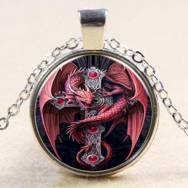 PandaHall Dinosaur & Cross Pattern Flat Round Glass Pendant Necklaces, with Alloy Chains, Silver, 18" Glass