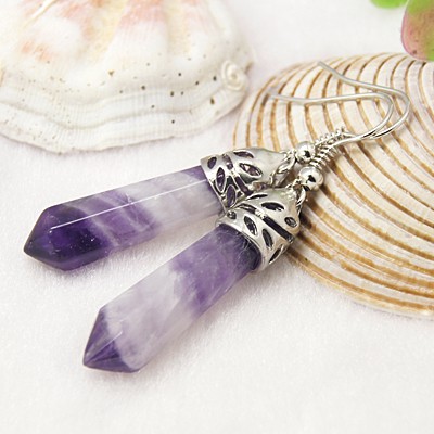 PandaHall Pointed Gemstone Earrings, Amethyst Earrings, with Brass Earring Hooks, 50x8mm Amethyst Purple