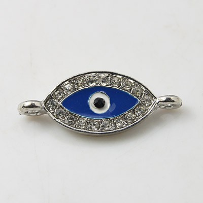 PandaHall Alloy Rhinestone Links, with Enamel, Grade A, Evil Eye, Platinum Color, MediumBlue, 26x10x2mm, Hole: 2mm Alloy+Rhinestone Eye Blue