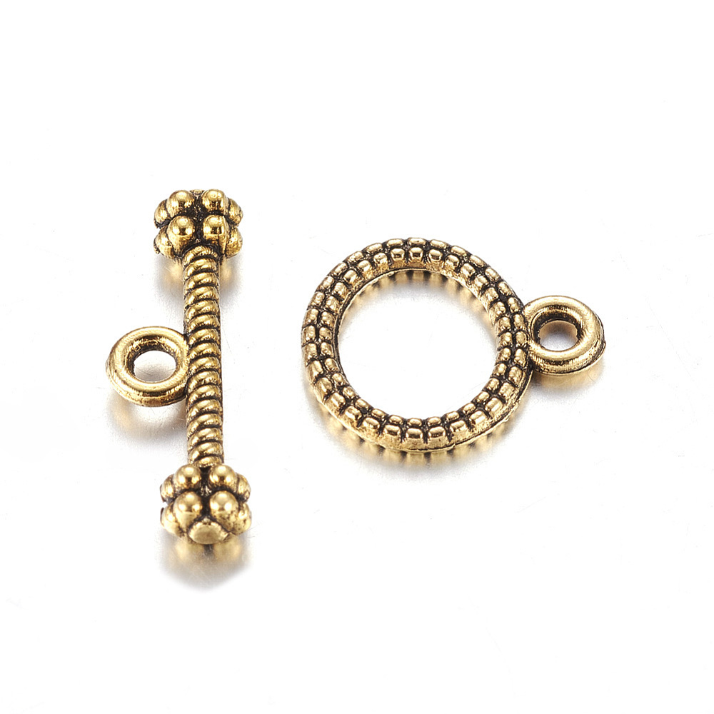 PandaHall Tibetan Style Toggle Clasps, Lead Free and Cadmium Free, Antique Golden, Size: Ring: 10mm wide, 12mm long, Bar: 17mm long, hole...