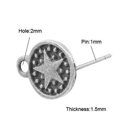PandaHall Tibetan Style Stud Earring Findings, Lead Free & Nickel Free, Flat Round, Antique Silver, 13x11mm, Hole: 2mm, Pin: 1mm Alloy