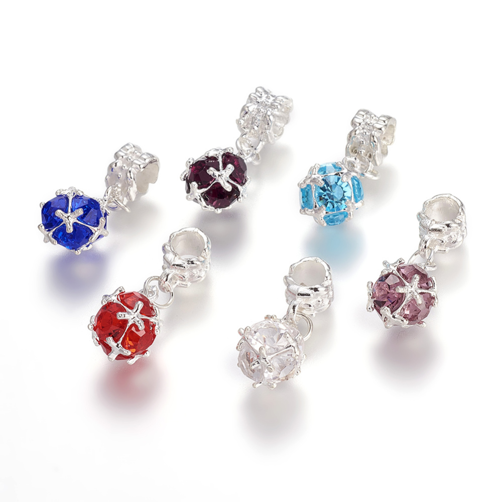 PandaHall Mixed Color Silver Plated Round Alloy Large Hole European Dangle Beads, with Rhinestone, 26x10mm, Hole: 5mm Alloy+Rhinestone Round...
