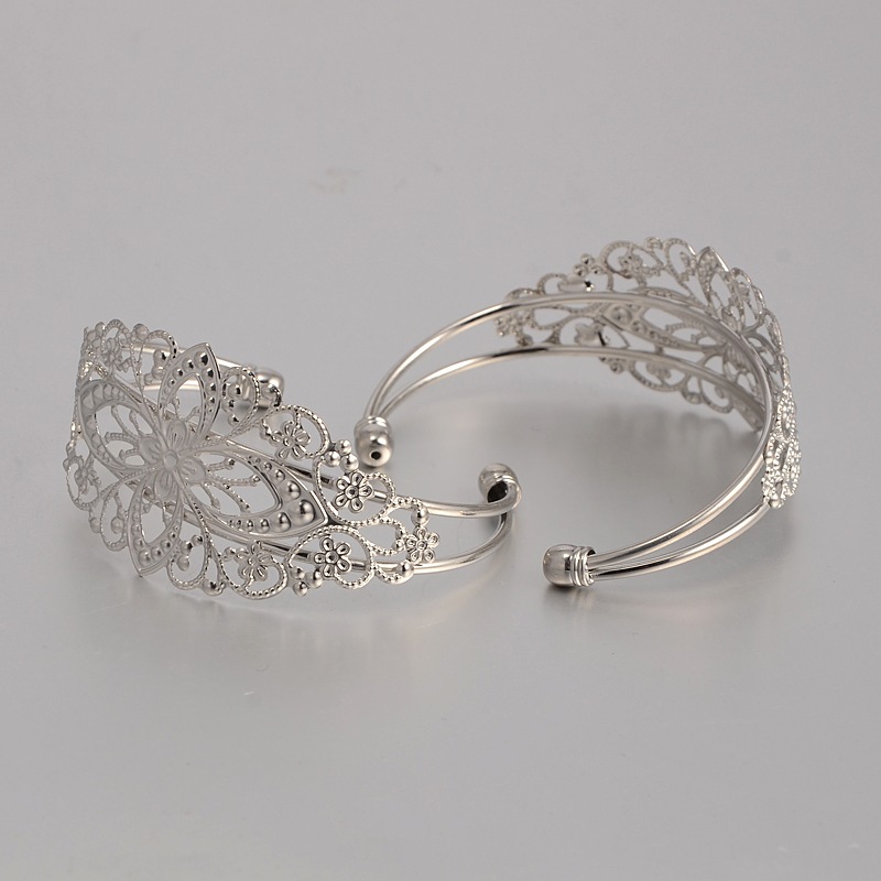 PandaHall Brass Cuff Bangle Makings, Bangle Blanks, with Filigree Flower, Platinum, 63mm Brass
