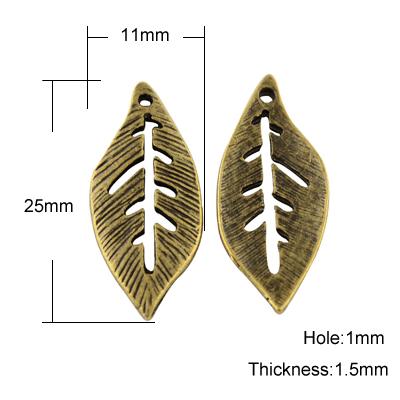 PandaHall Tibetan Style Pendants, Lead Free & Nickel Free, Leaf, Antique Bronze, 25x11x1.5mm, Hole: 1mm Alloy Leaf