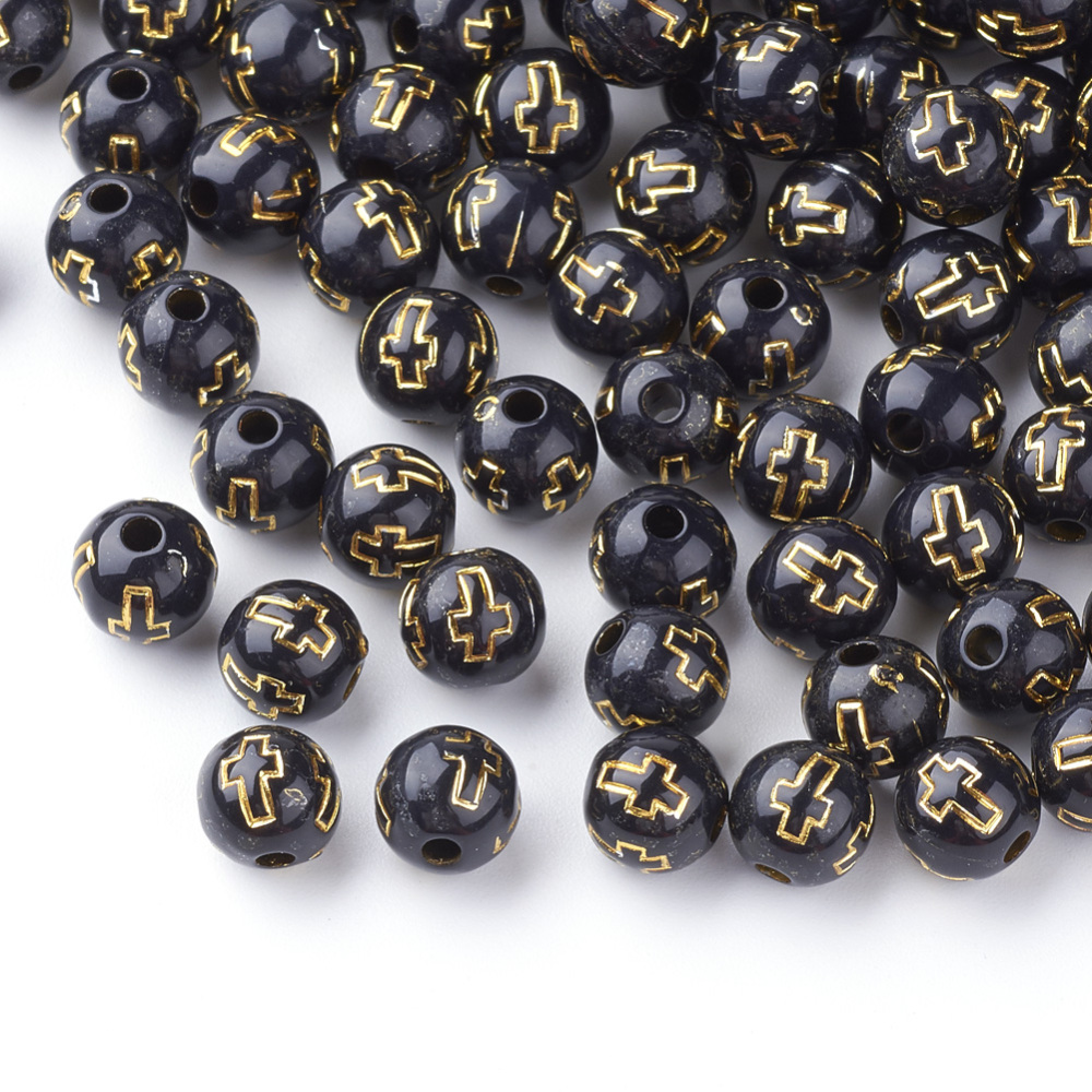 PandaHall Plating Acrylic Beads, Golden Metal Enlaced, Round with Cross, Black, 8mm, Hole: 2mm; about 1800pcs/500g Acrylic Round Black