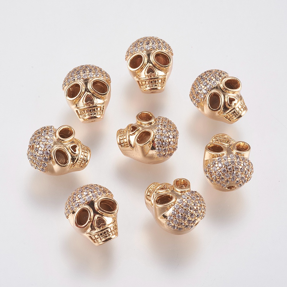 PandaHall Brass Micro Pave Cubic Zirconia Beads, Skull, Real Gold Plated, 11x9.5x9mm, Hole: 1mm Brass+Cubic Zirconia Skull