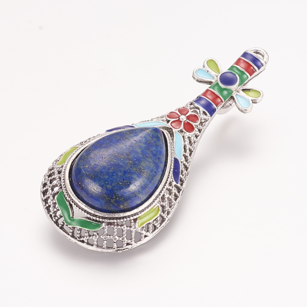 PandaHall Natural & Dyed Lapis Lazuli Big Pendants, with Brass Finding, Pipa Musical Instruments, Antique Silver, 66x28x11.5mm, Hole: 6x9mm...