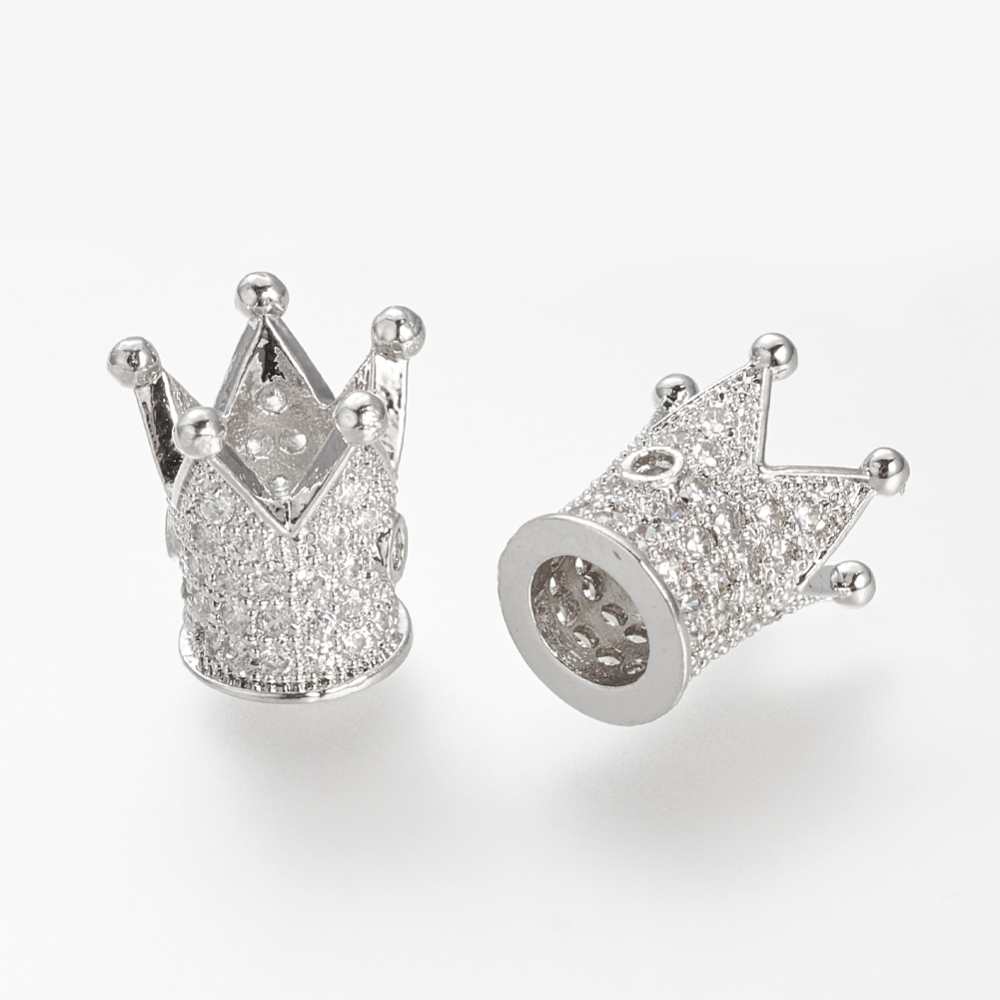 PandaHall Brass Micro Pave Cubic Zirconia Beads, Crown, Platinum, 12x10mm, Hole: 1~5mm Brass+Cubic Zirconia Crown