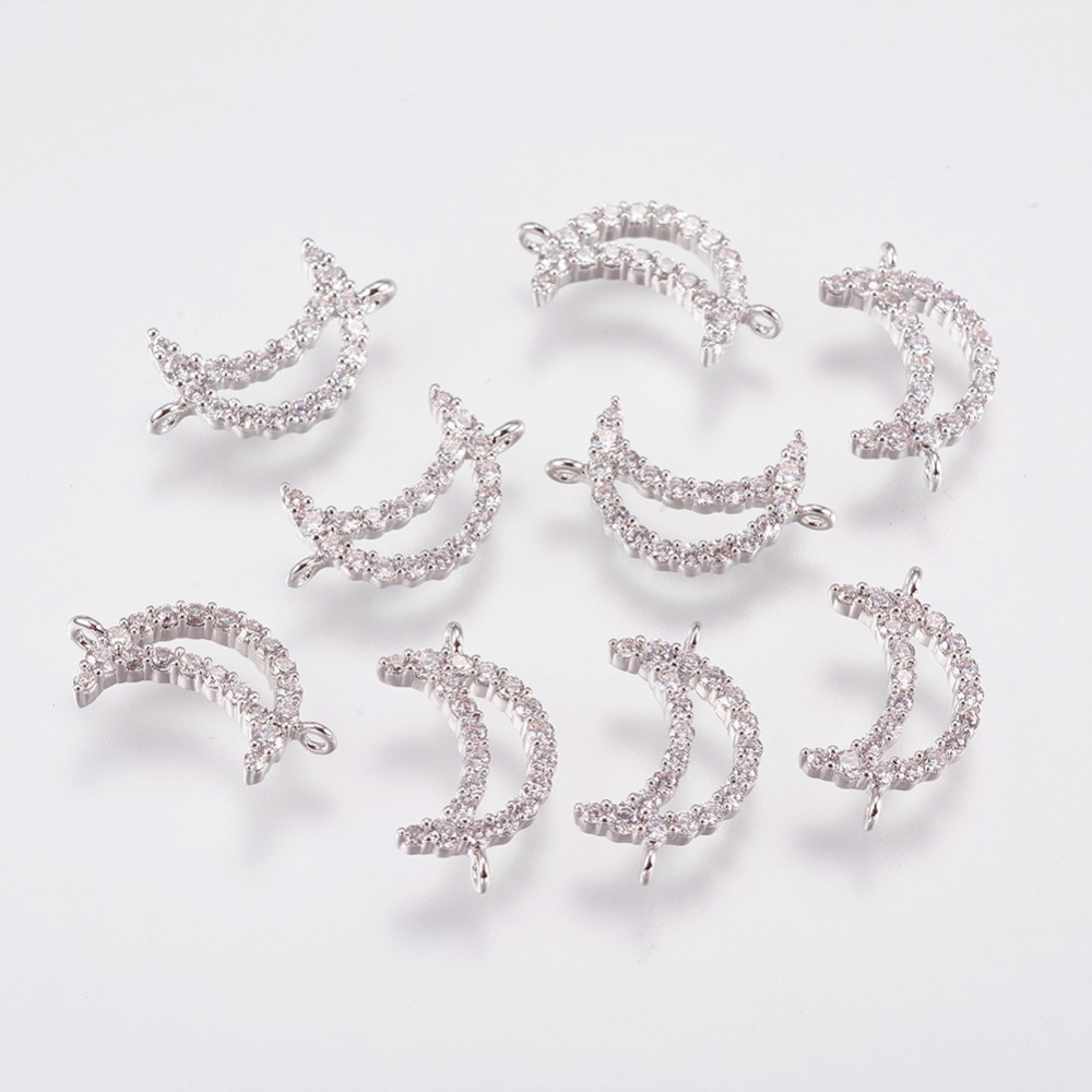 PandaHall Brass Micro Pave Cubic Zirconia Links, Clear, Moon, Real Platinum Plated, 14x8x2mm, Hole: 1mm Brass+Cubic Zirconia Moon Clear