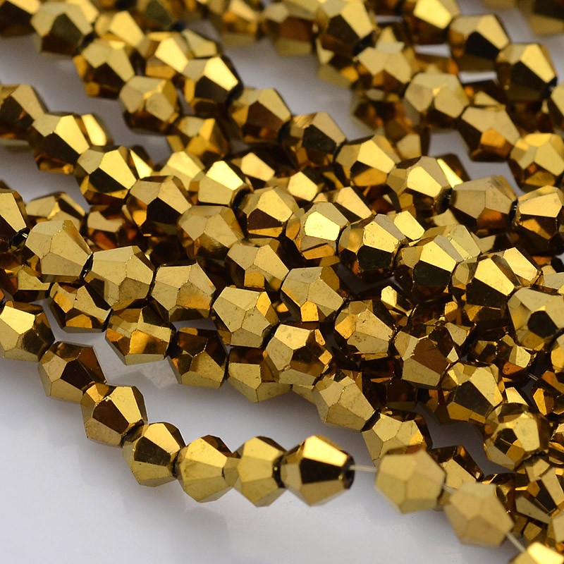 PandaHall Faceted Bicone Electroplate Glass Beads Strands, Golden Plated, 4x4mm, Hole: 1mm; about 115~118pcs/strand, 18.5" Bicone Gold