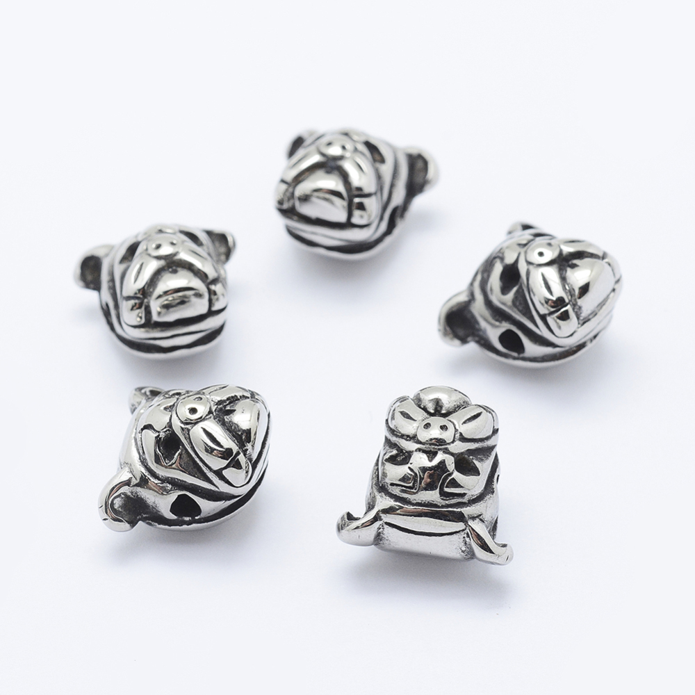 PandaHall 304 Stainless Steel Beads, Pug Dog Head/Pitbull, Antique Silver, 12x13x10mm, Hole: 2mm Stainless Steel Dog