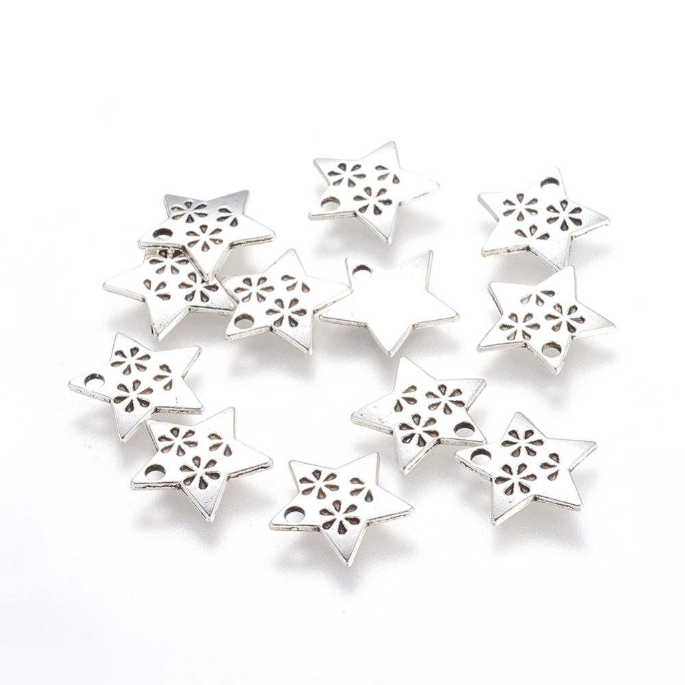 PandaHall Antique Silver Tibetan Style Star Charms, Lead Free and Cadmium Free, 14x14x2mm, hole: 2mm Alloy Star