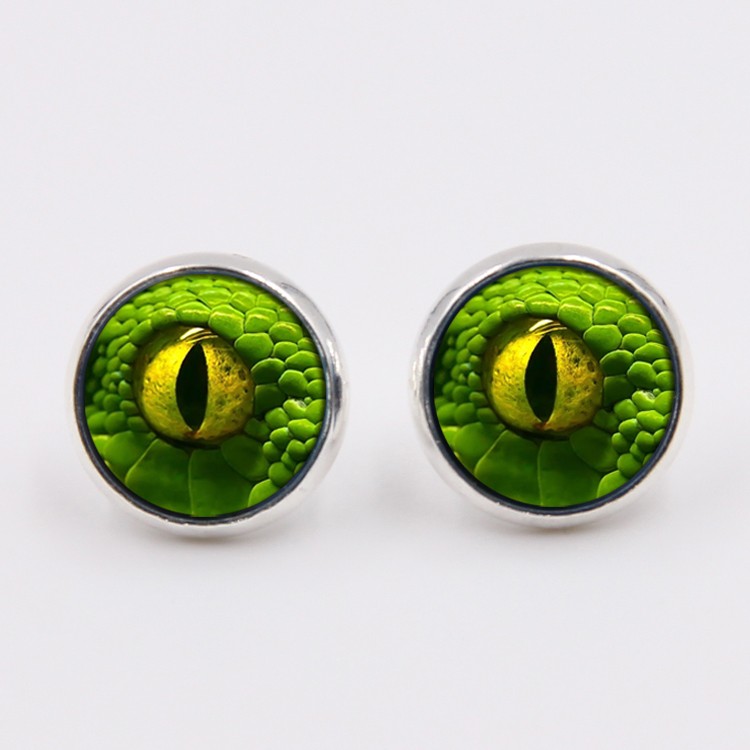 PandaHall Glass Stud Earrings, with Brass Findings, Flat Round with Eye, YellowGreen, 14x5mm, Pin: 0.7mm Glass Silver