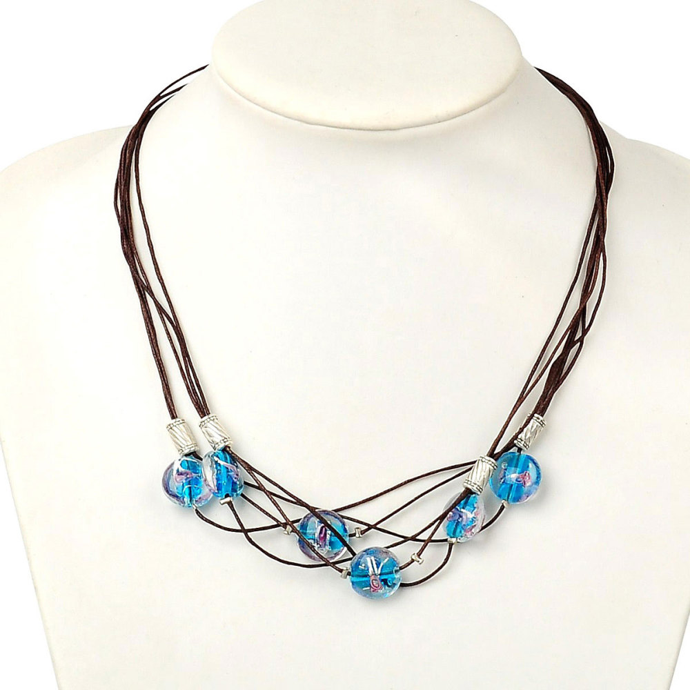 PandaHall Waxed Cotton Cord Multi-strand Necklaces, with Silver Foil Handmade Lampwork Beads, Alloy Beads and Alloy Lobster Claw Clasps...