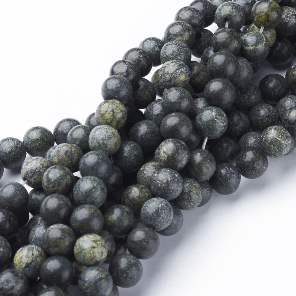 PandaHall Gemstone Beads Strands, Natural Serpentine/Green Lace Stone, Round, DarkGreen, about 8mm in diameter, hole: 1mm; about...