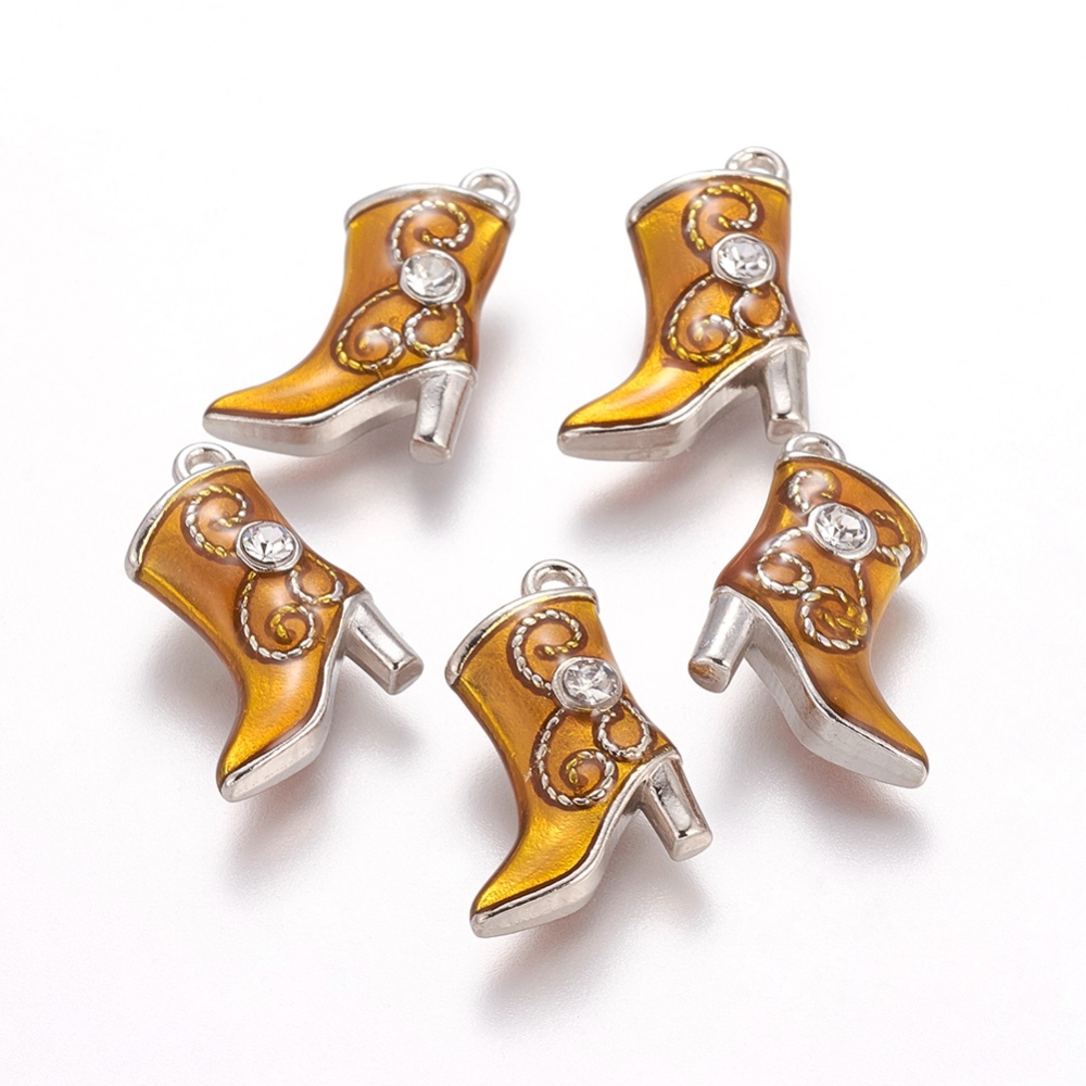 PandaHall Alloy Enamel Pandents, Boot, with Rhinestones, Platinum Color, Chocolate, about 16mm wide, 21mm long, hole: 1mm Alloy...