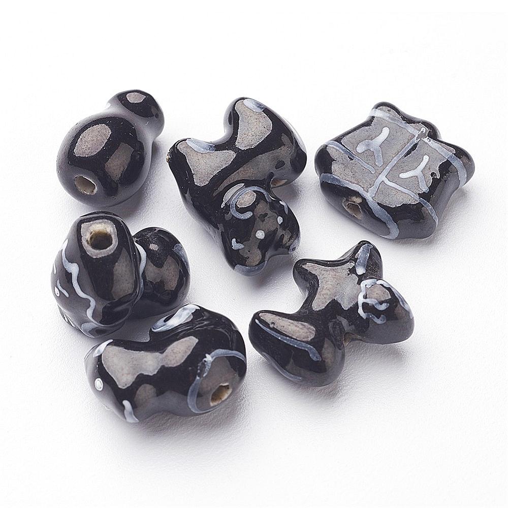 PandaHall Handmade Porcelain Beads, Famille Rose Style, Constellation/Zodiac Sign, Black, 10~20x12~18mm, Hole: 2~2.5mm; 12pcs/group...