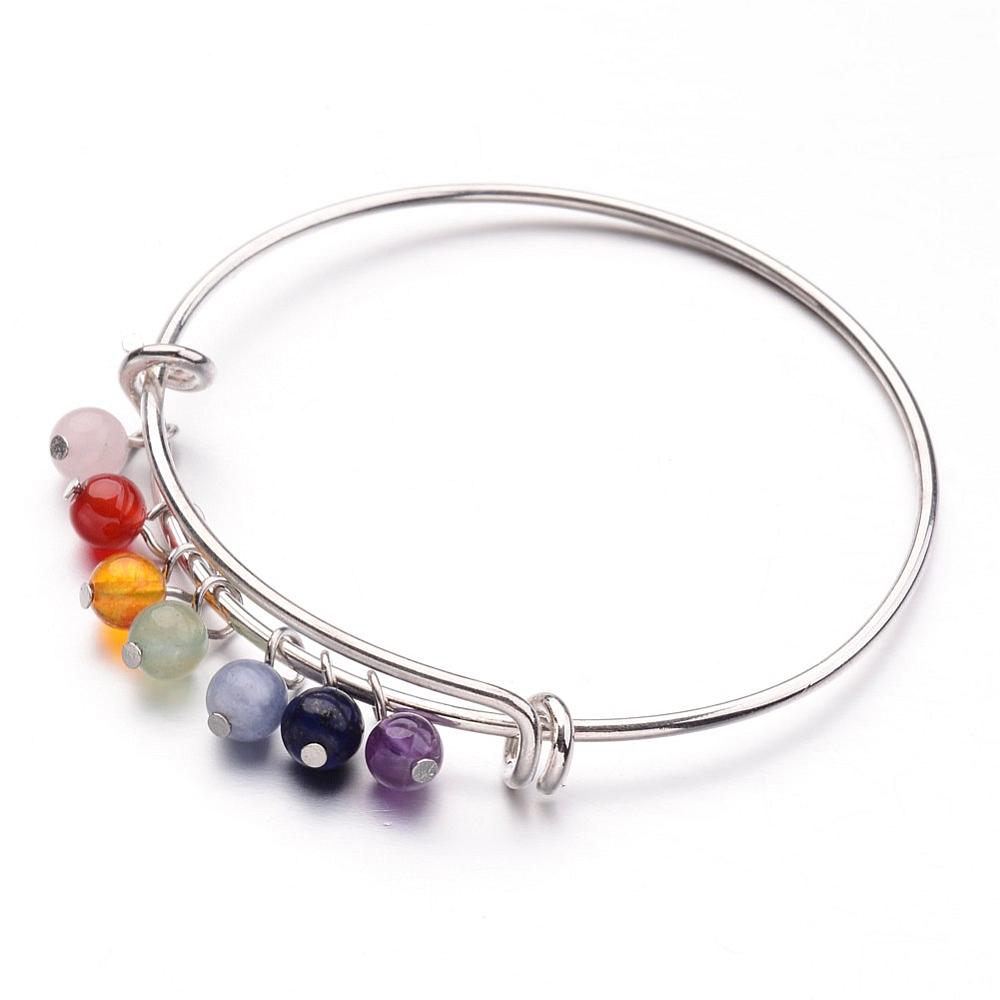 PandaHall Brass Charm Bangles, Chakra Bangles, Adjustable, Silver, with Mixed Gemstone Beads, Mixed Color, 2-1/2"(61mm) Brass Silver