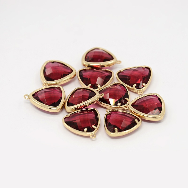PandaHall Real Gold Plated Brass Glass Pendants, Faceted Triangle Charms, DarkRed, 16x15x5mm, Hole: 1mm Brass+Glass Triangle Red