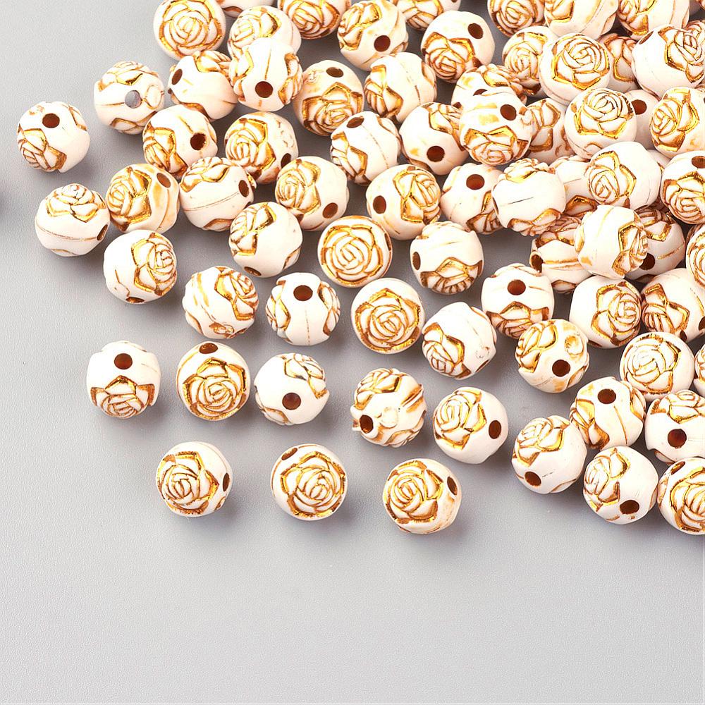 PandaHall Plating Acrylic Beads, Golden Metal Enlaced, Round with Flower, Beige, 8mm, Hole: 1.5mm; about 2000pcs/500g Acrylic Round Yellow