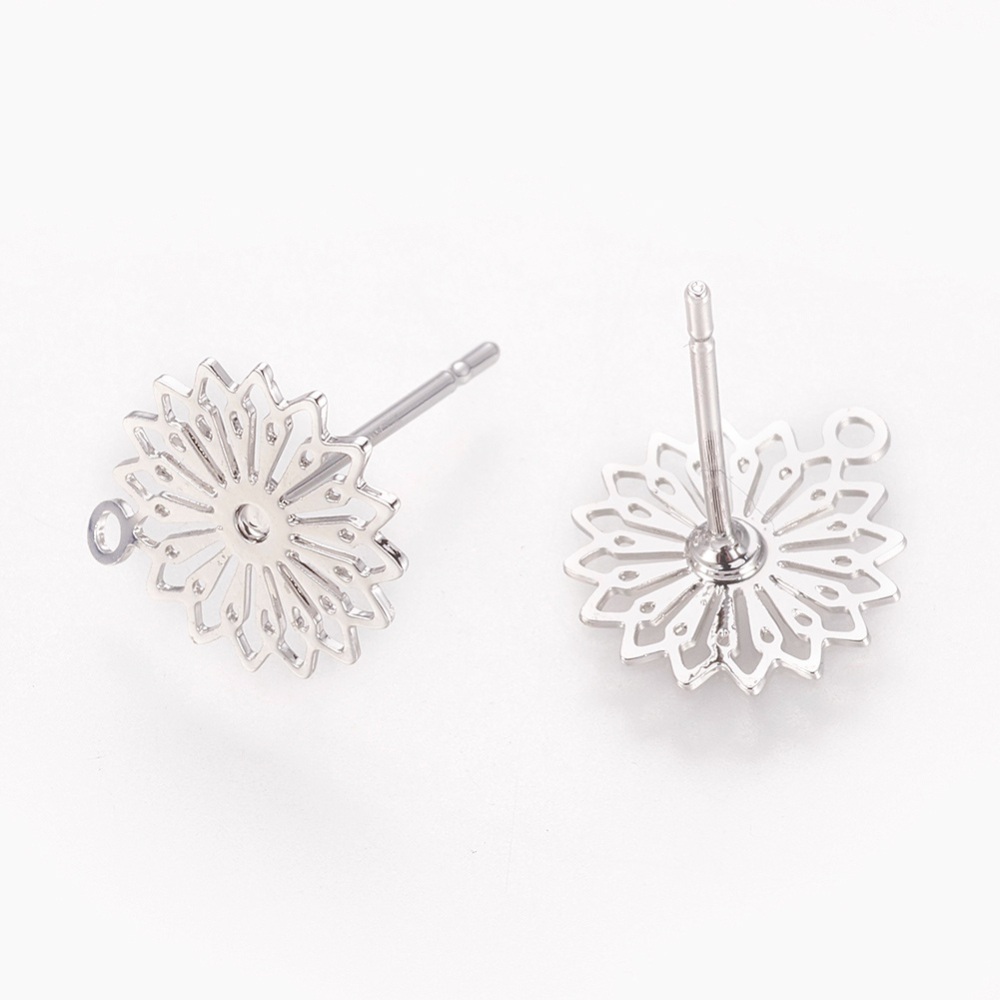 PandaHall Brass Stud Earring Findings, Flower, Real Platinum Plated, 11.5x10x0.3mm, Hole: 1mm; Pin: 0.8mm Brass