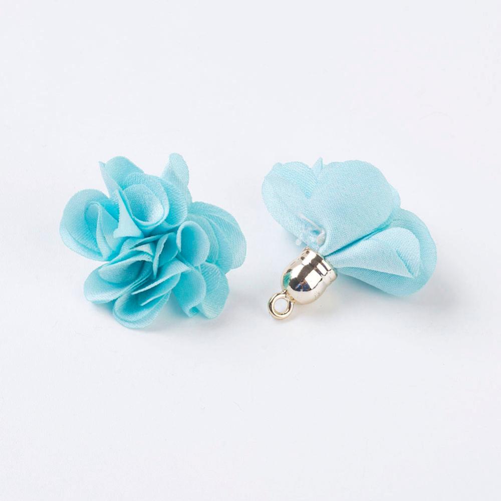 PandaHall Cloth Pendant Decorations, with Acrylic Findings, Flower, LightCyan, 25~30x28~35mm, Hole: 2mm Cloth Flower Cyan