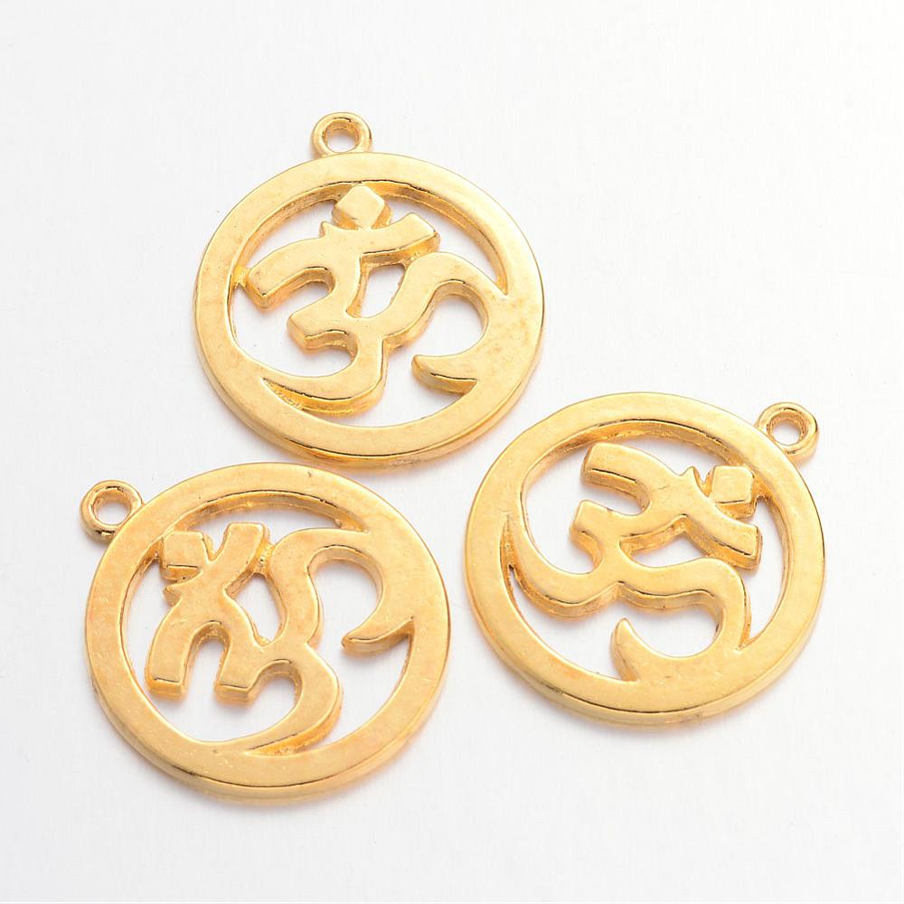 PandaHall Tibetan Style Alloy Pendants, Flat Round with Mark Ohm/Aum, Cadmium Free & Nickel Free & Lead Free, Golden, 29x25.5x2mm, Hole: 2mm...