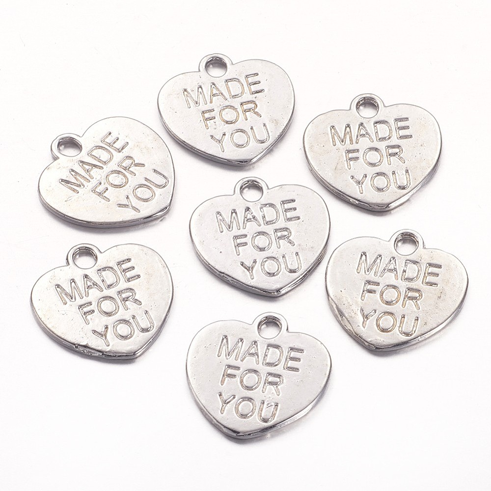 PandaHall Tibetan Style Alloy Charms, Heart with Word MADE FOR YOU, Lead Free & Cadmium Free, Platinum, 16x15x1mm, Hole: 2mm Alloy Heart