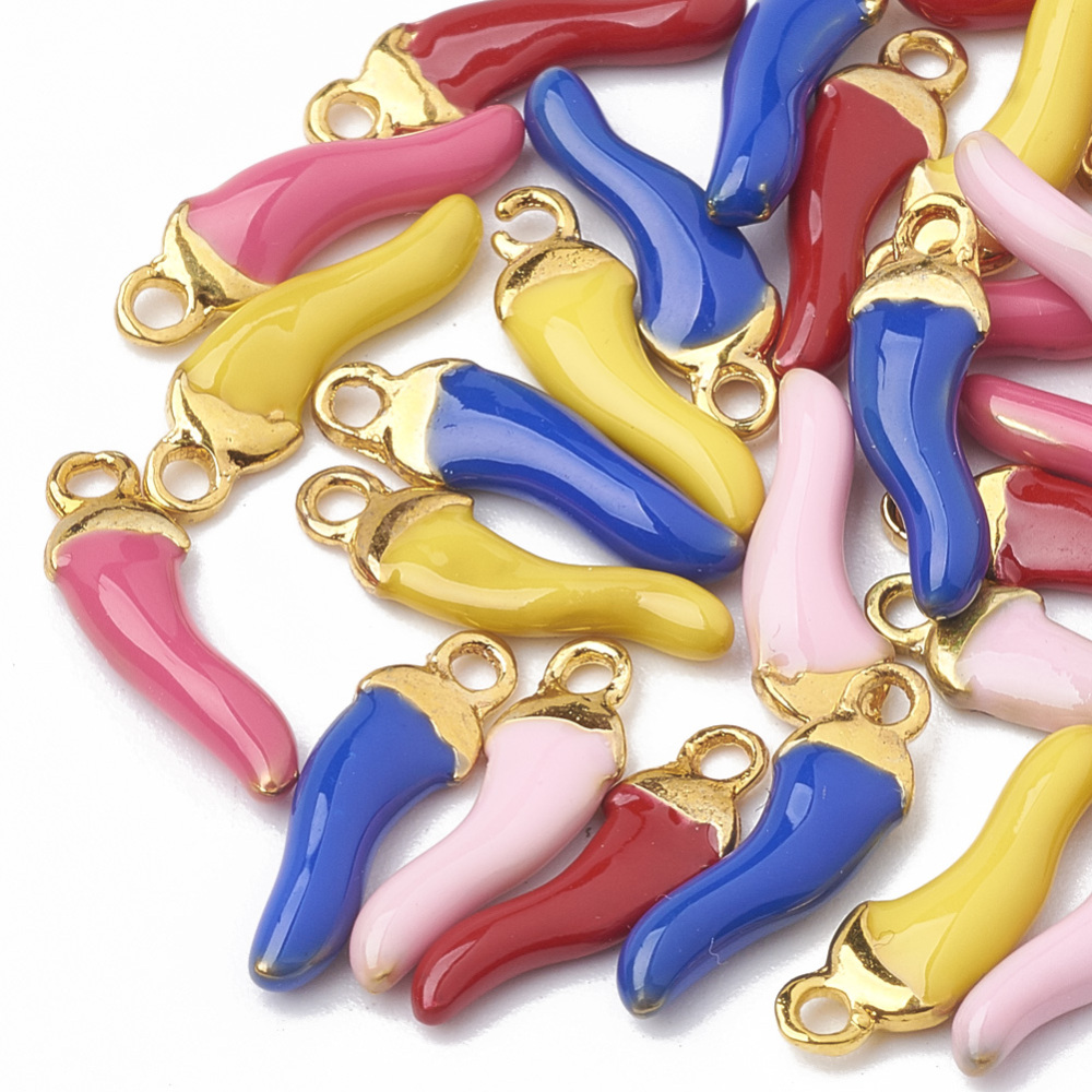 PandaHall Brass Charms, with Enamelled Sequins, Unplated, Hot Pepper, Mixed Color, 15x4.5x2.5mm, Hole: 1mm Brass+Enamel Vegetables...