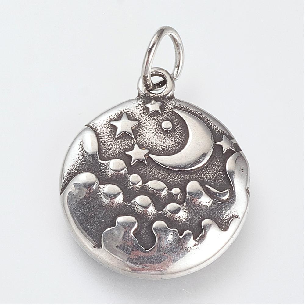 PandaHall 316 Stainless Steel Pendants, Flat Round, Carved Pattern, Antique Silver, 23x20x3mm, Hole: 5mm Stainless Steel Flat Round