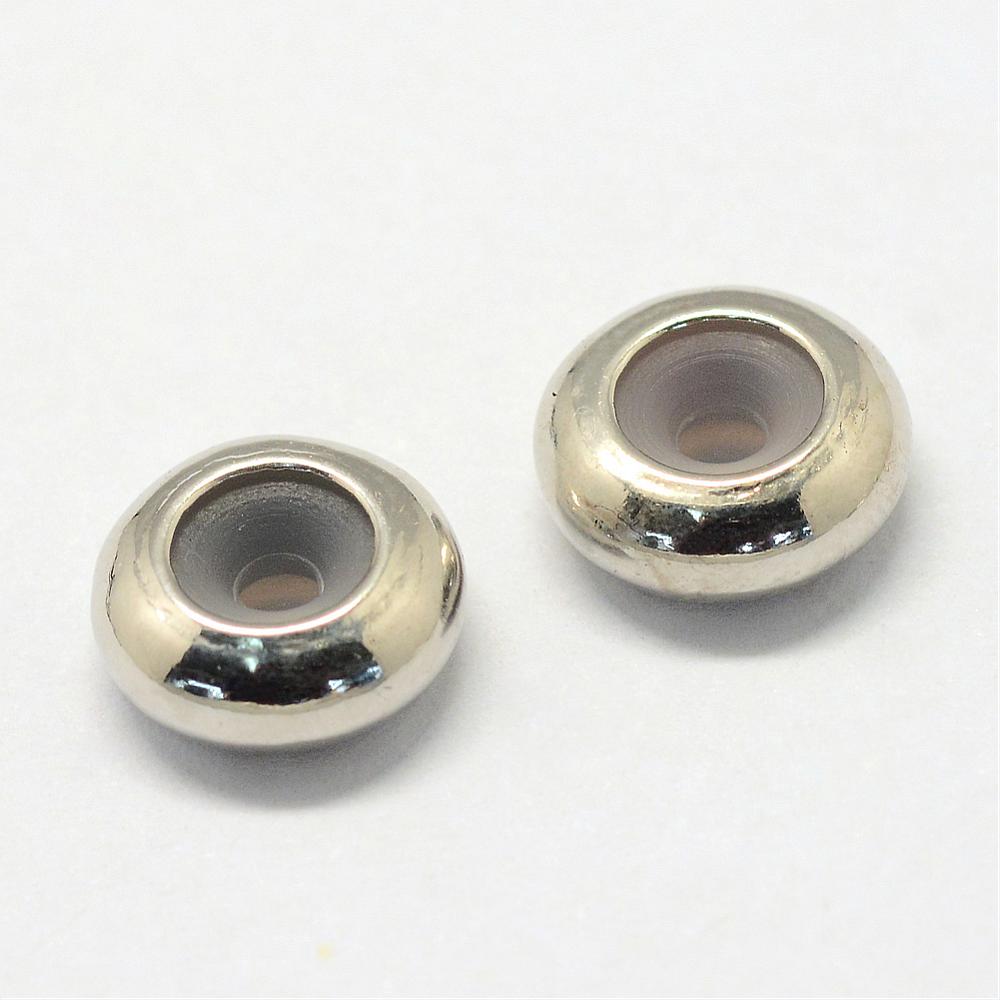 PandaHall Alloy Beads, with Rubber Inside, Slider Beads, Stopper Beads, Disc, Platinum, 9.5x4mm, Hole: 2mm Alloy Disc