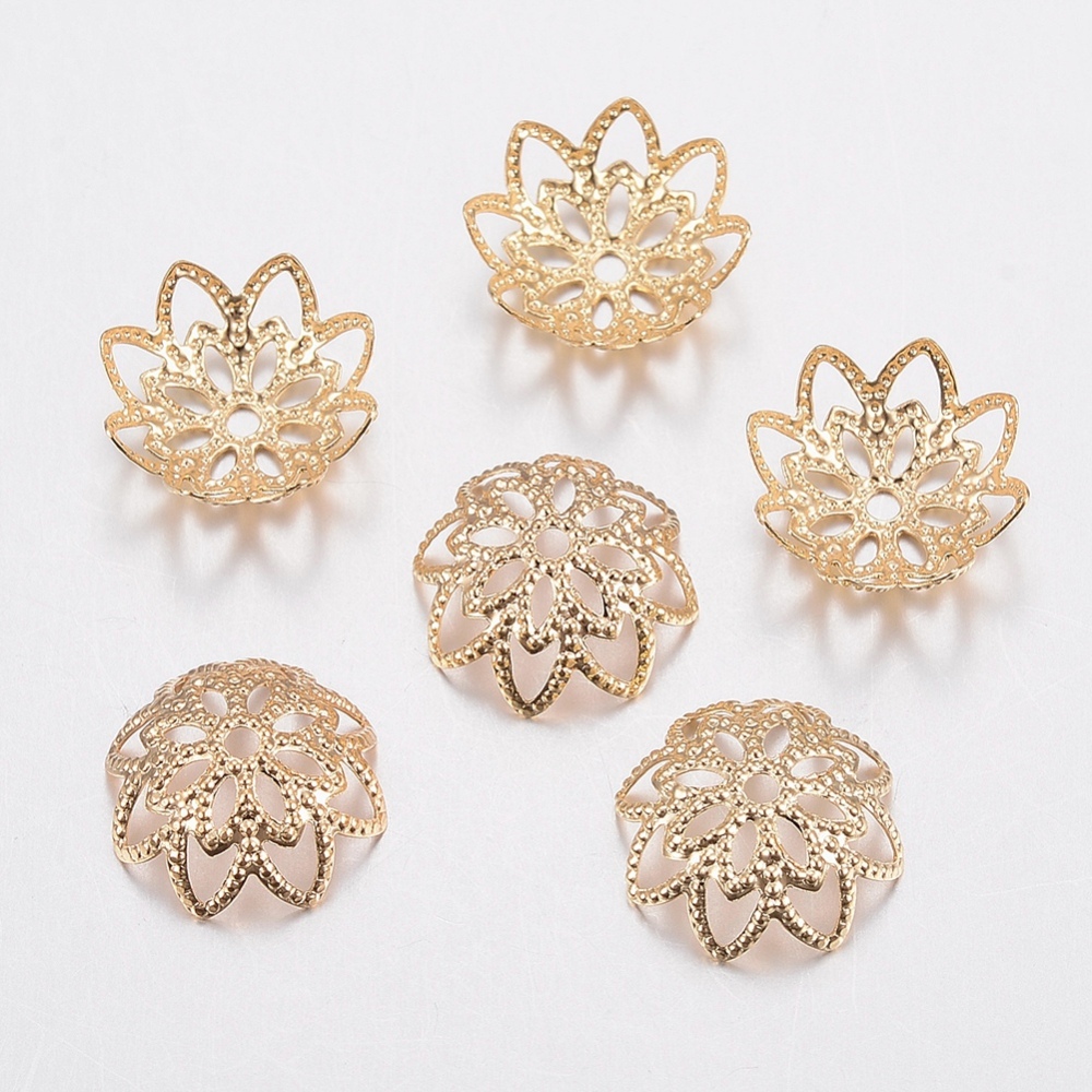 PandaHall 304 Stainless Steel Bead Caps, Flower, More-Petal, Golden, 11x4mm, Hole: 1mm Stainless Steel