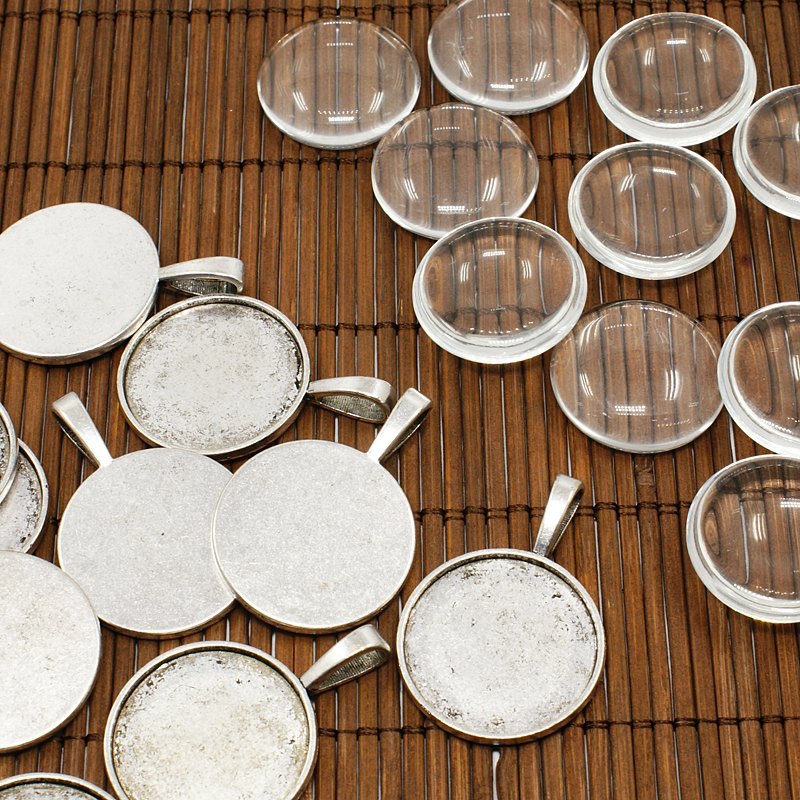 PandaHall 25mm Transparent Clear Domed Glass Cabochon Cover for Photo Pendant Making, with Alloy Settings, Antique Silver, Pendant...