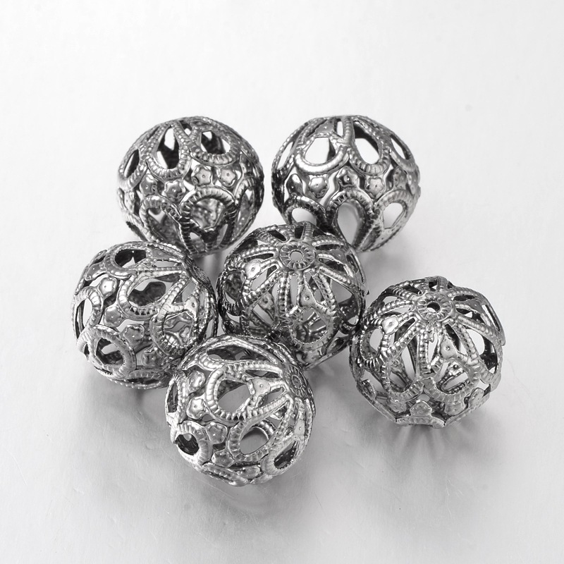 PandaHall Round Filigree Beads, Iron, Gunmetal, 18~20x18mm, hole: 1.5mm Iron Round