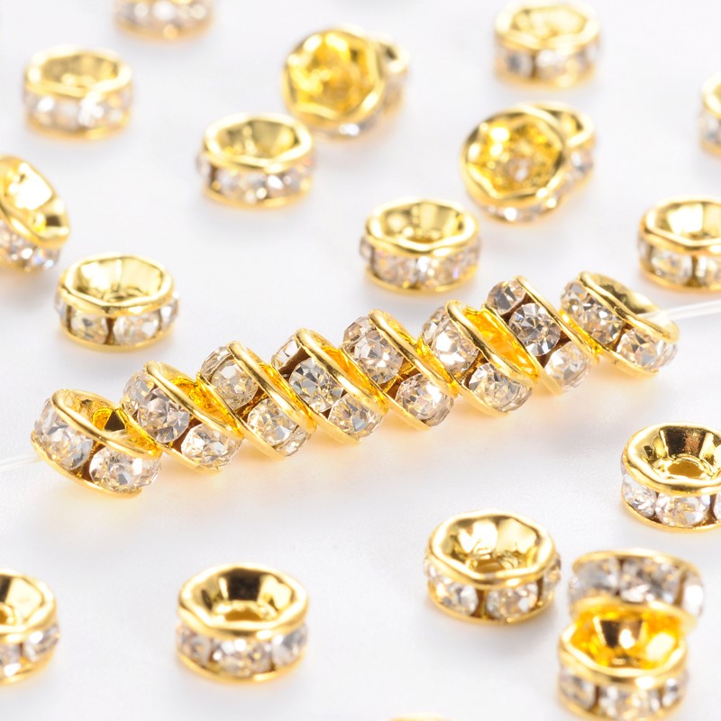 PandaHall Brass Grade A Rhinestone Spacer Beads, Golden Plated, Rondelle, Nickel Free, Crystal, 5x2.5mm, Hole: 1mm Brass+Rhinestone Rondelle...