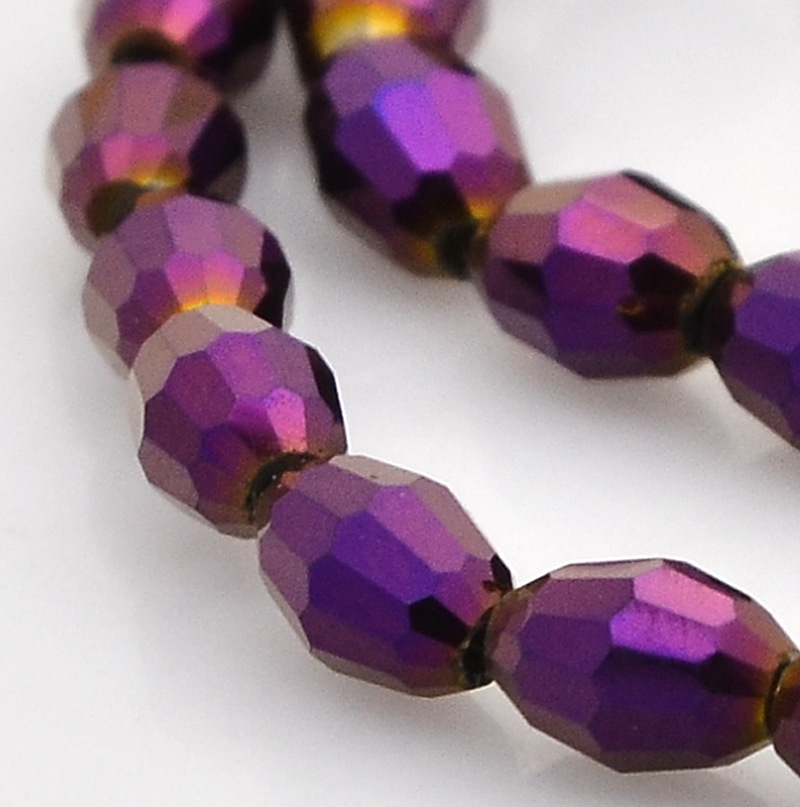 PandaHall Full Plated Glass Faceted Rice Beads Strands, Purple Plated, 6x4mm, Hole: 1mm; about 72pcs/strand, 16" Glass Rice