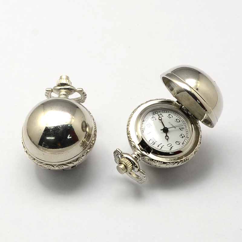PandaHall Vintage Zinc Alloy Quartz Watch Heads, for Pocket Watch Pendant Necklace Making, Platinum, 36x27x26mm, Hole: 10x1mm Alloy Round