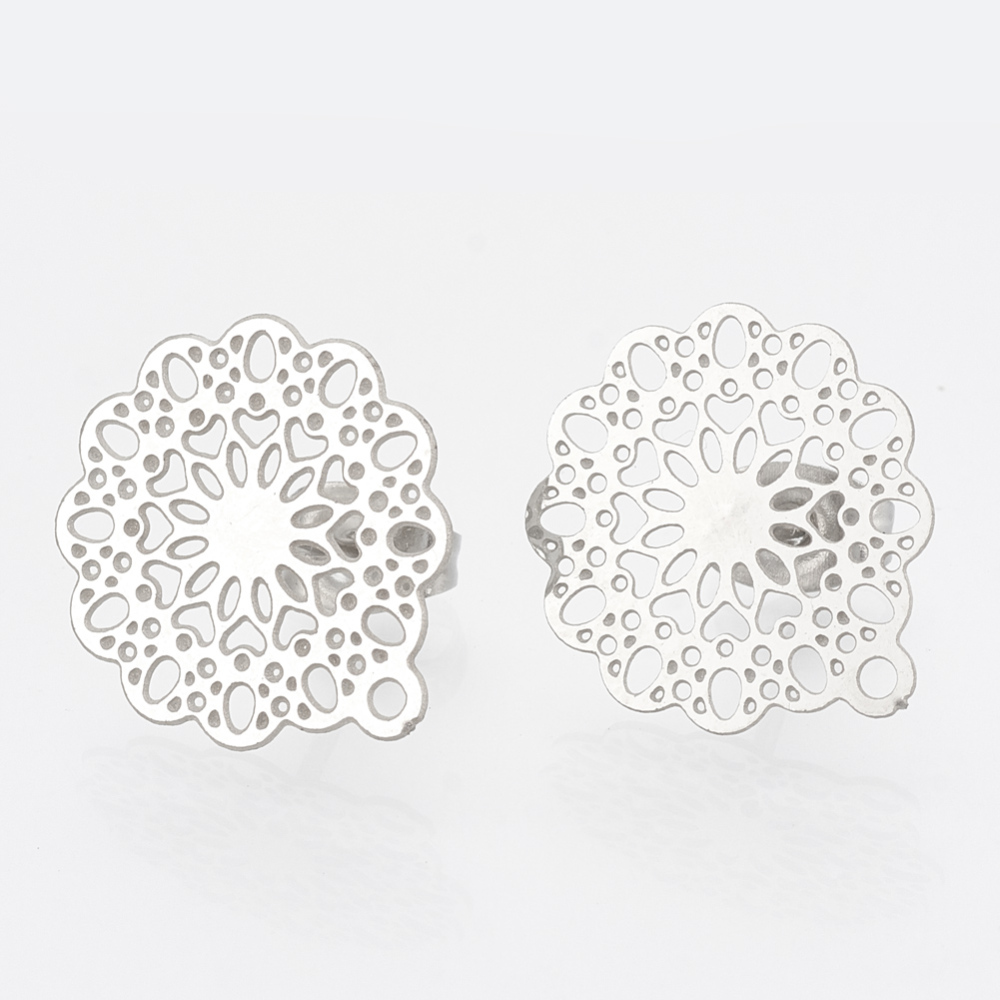 PandaHall 304 Stainless Steel Stud Earring Findings, Flower, Stainless Steel Color, 16x14mm, Hole: 1mm; pin: 0.7mm Stainless Steel