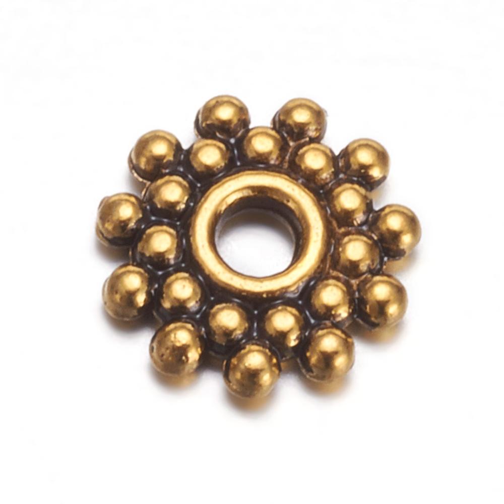 PandaHall Tibetan Style Bead Spacers, Lead Free , Flower, Antique Golden, Size: about 9mm in diameter, Hole: 2.5mm Alloy Flower